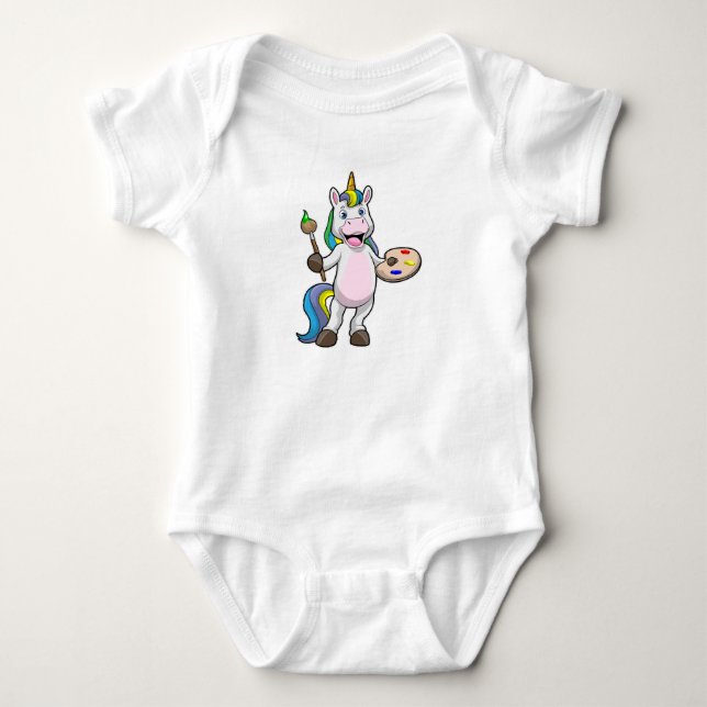Unicorn at Painting with Brush & Colour Baby Bodysuit (Front)