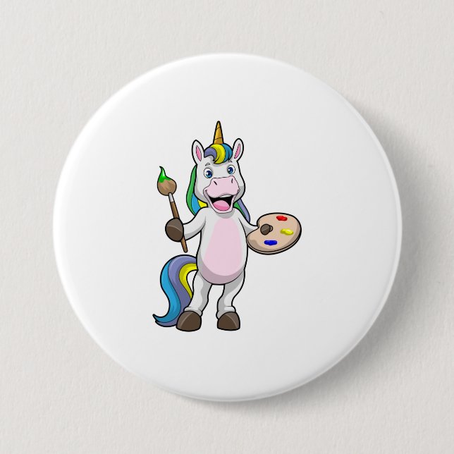 Unicorn at Painting with Brush & Colour Button (Front)