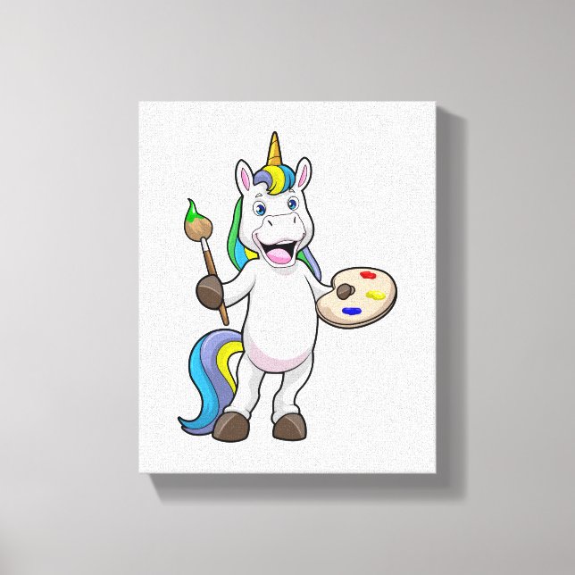 Unicorn at Painting with Brush & Colour Canvas Print (Front)
