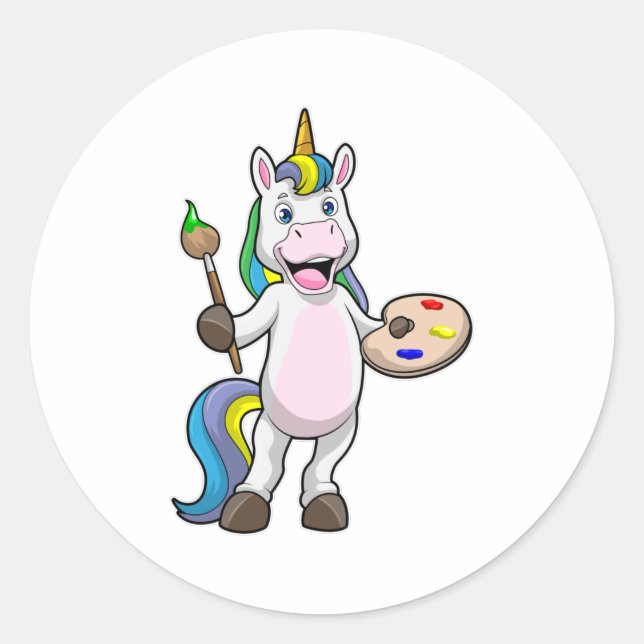 Unicorn at Painting with Brush & Colour Classic Round Sticker (Front)