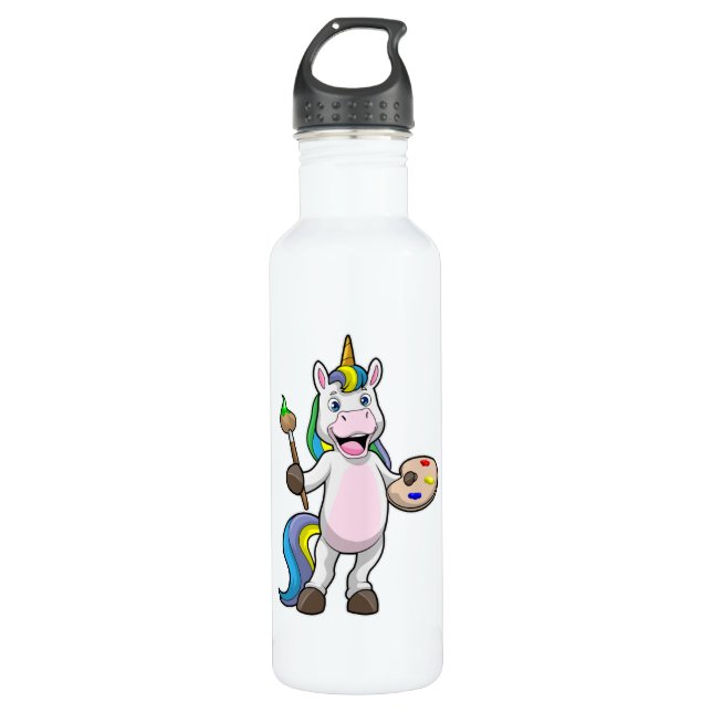 Unicorn at Painting with Brush & Colour Stainless Steel Water Bottle (Front)