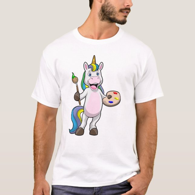 Unicorn at Painting with Brush & Colour T-Shirt (Front)