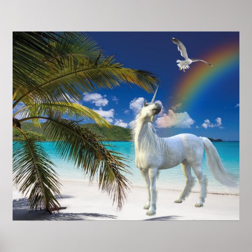 Unicorn at the Beach with Rainbow Seagull Poster