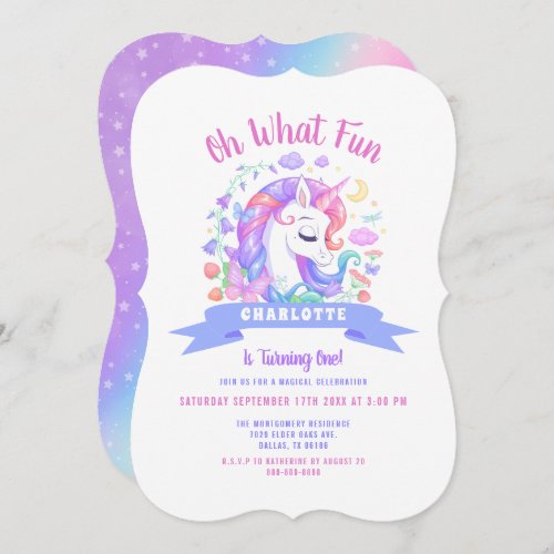 Unicorn Baby 1st Birthday Magical Rainbow Party Invitation