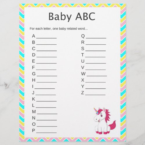 Unicorn Baby ABC Baby Shower Game