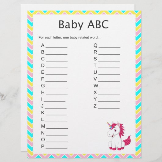 Unicorn Baby ABC Baby Shower Game (Front/Back)