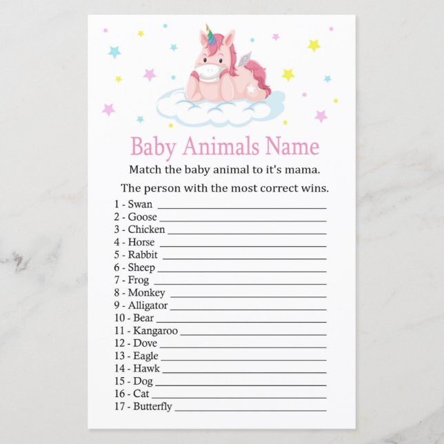 Unicorn Baby Animals Name Game (Front)