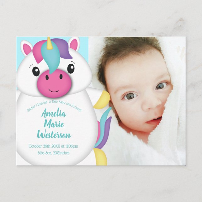Unicorn Baby Announcement Postcard (Front)