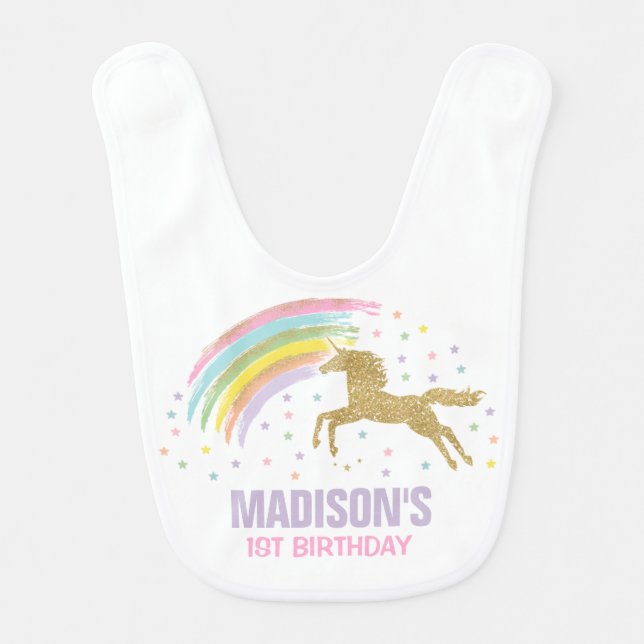 Unicorn Baby Bib Pink Gold Birthday Baby Bib (Front)