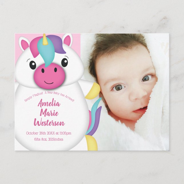 Unicorn Baby Birth Announcement Photo Postcard (Front)