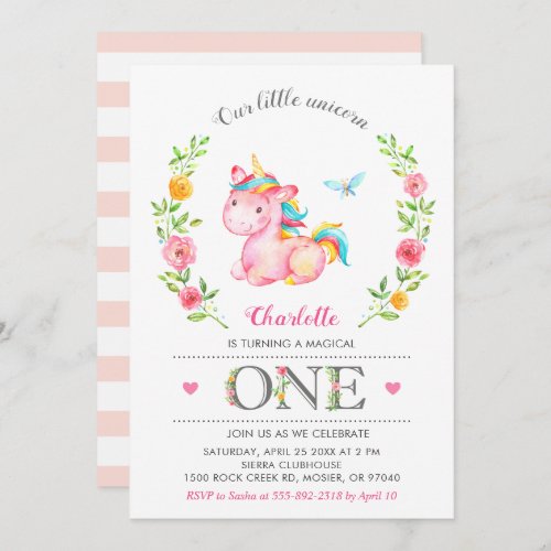 Unicorn Baby Girl Floral 1st First Birthday Party Invitation