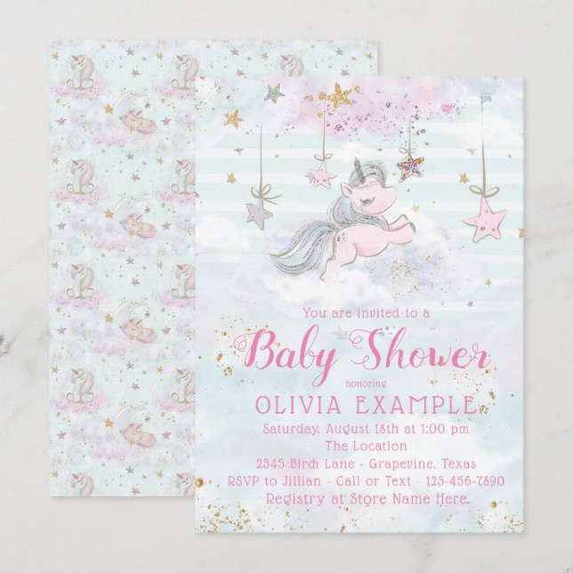 Unicorn Baby Girl Shower Invitations (Front/Back)