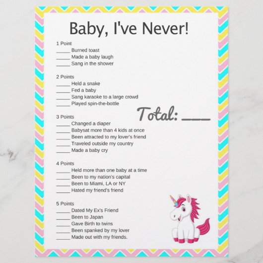 Unicorn Baby, I've Never! Baby Shower Game (Front)