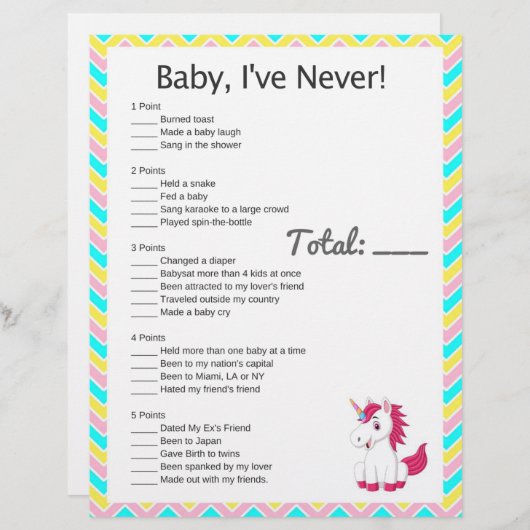 Unicorn Baby, I've Never! Baby Shower Game (Front/Back)