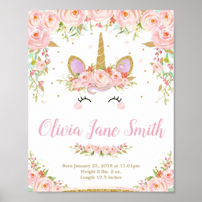 Unicorn Baby Nursery Bedroom Birth Stats Sign (Front)