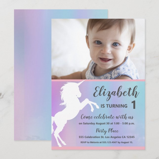 Unicorn Baby Photo First birthday party Invitation (Front/Back)