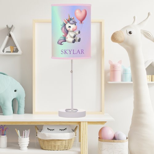 Unicorn baby pink gold holographic name table lamp