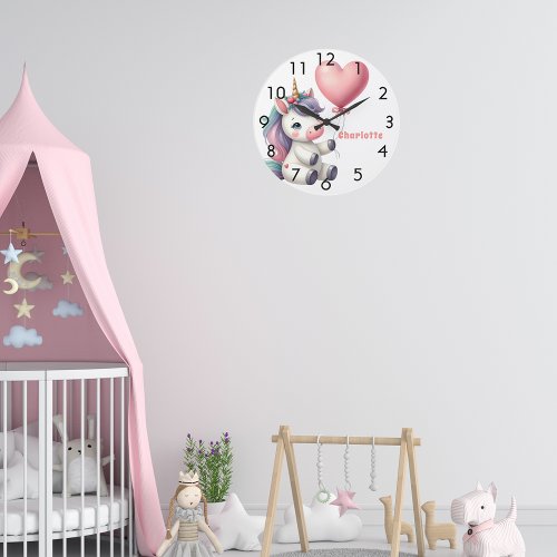 Unicorn baby pink purple girl large clock
