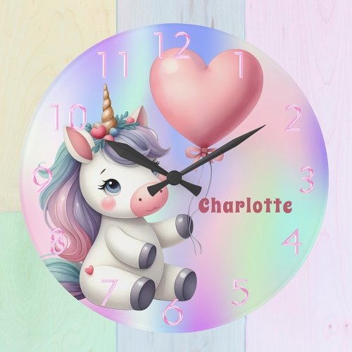 Unicorn baby pink purple holographic large clock