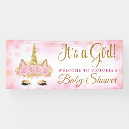 Unicorn Baby Shower Banner Pink and Gold Bokeh