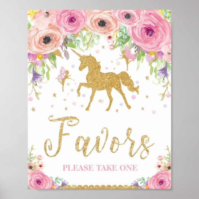 Unicorn Baby Shower Birthday Favors Sign Fairy (Front)