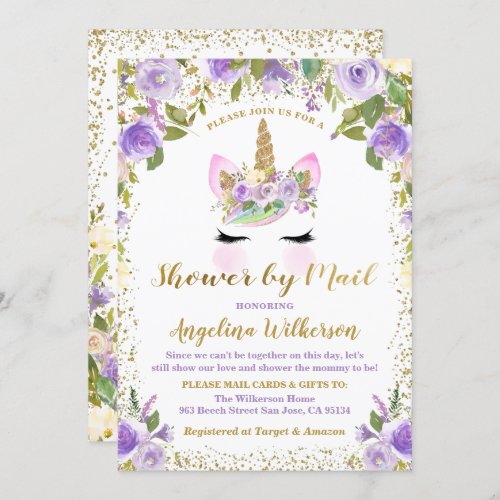 Unicorn Baby Shower By Mail Gold Purple Floral Invitation