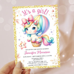 Unicorn Baby Shower Floral Blush Girl Pink & Gold Invitation