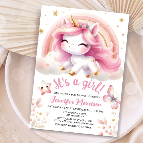 Unicorn Baby Shower Girl Blush Pink Rainbow  Invitation