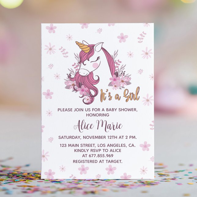 Unicorn Baby Shower Girl Pink Floral Invitation (Creator Uploaded)