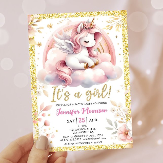 Unicorn Baby Shower Girl Pink & Gold Fairy  Invitation (Creator Uploaded)