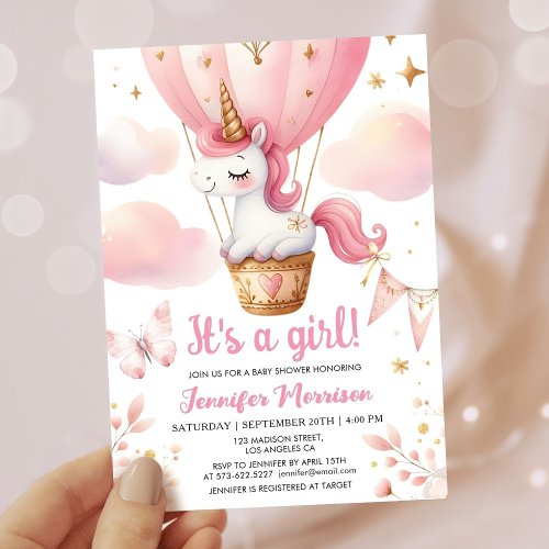 Unicorn Baby Shower Girl Pink Hot Air Balloon   Invitation