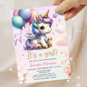 Unicorn Baby Shower Girl Pink Purple Balloons Invitation