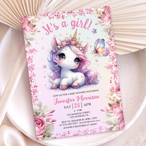 Unicorn Baby Shower Girl Pink Purple Floral Cute  Invitation