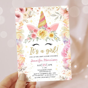 Unicorn Baby Shower Gold Blush Pink Girl Floral Invitation