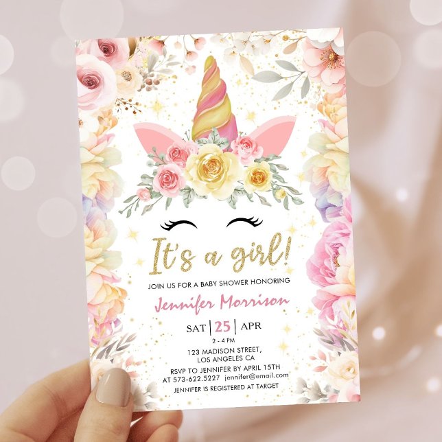 Unicorn Baby Shower Gold Blush Pink Girl Floral Invitation (Creator Uploaded)