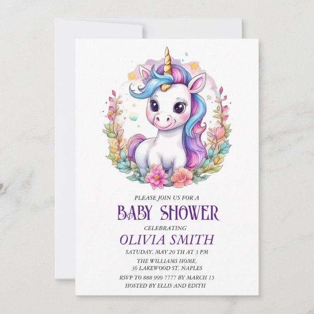 Unicorn baby shower invitation (Front)