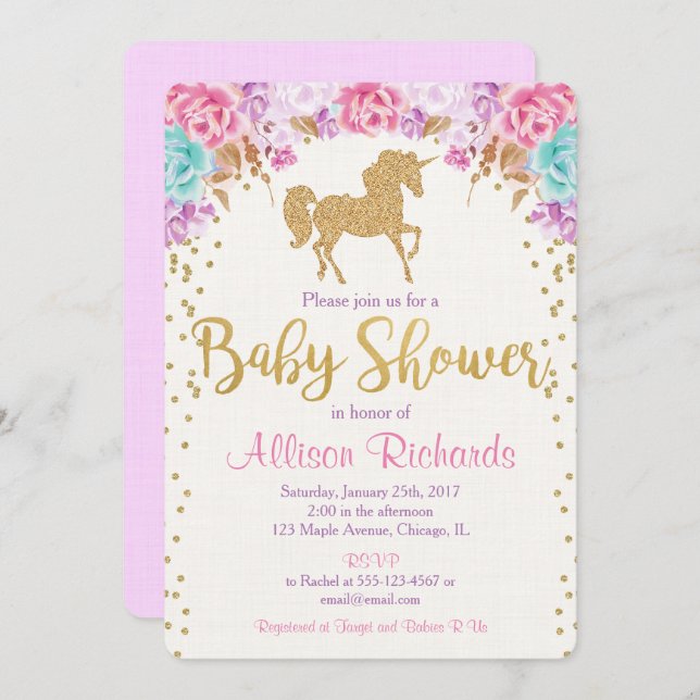 Unicorn baby shower invitation pink and gold (Front/Back)