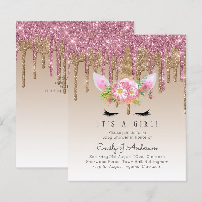 Unicorn Baby Shower Invitation Pink Girls Cute (Front/Back)