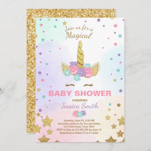 Unicorn Baby Shower Invitation Pink Gold Magical