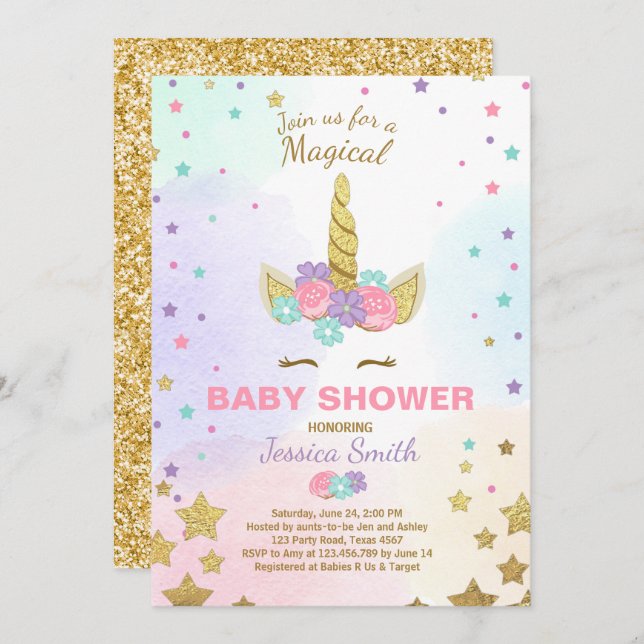 Unicorn Baby Shower Invitation Pink Gold Magical (Front/Back)