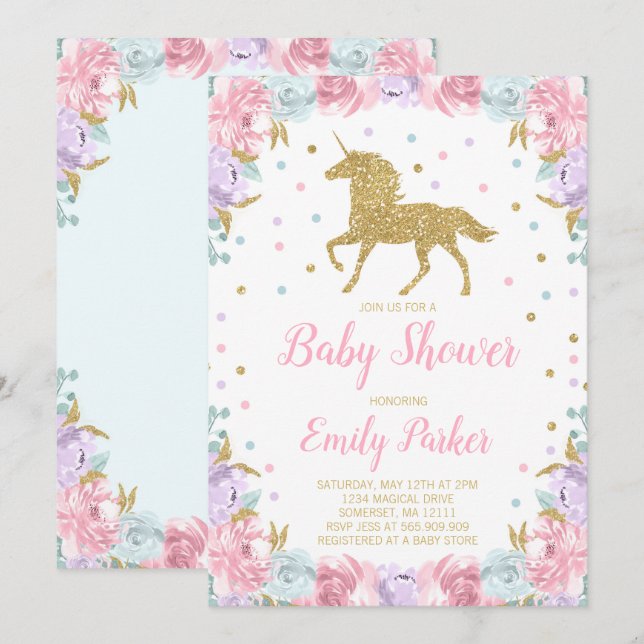 Unicorn Baby Shower Invitation Pink Gold Unicorn (Front/Back)