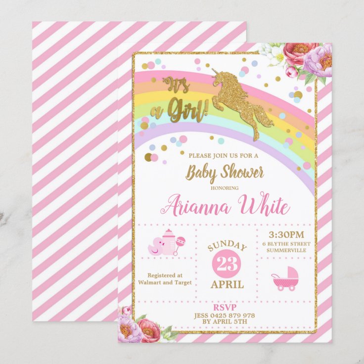 Unicorn Baby Shower Invitations Girl Floral Zazzle