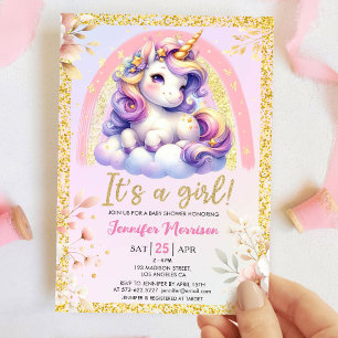 Unicorn Baby Shower It's a Girl Pink & Gold Invitation