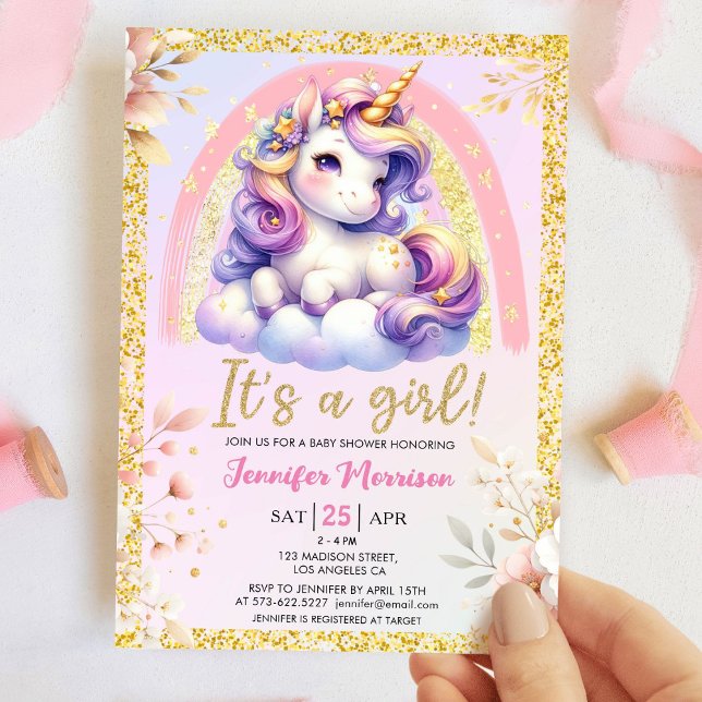 Unicorn Baby Shower It's a Girl Pink & Gold  Invitation (Creator Uploaded)