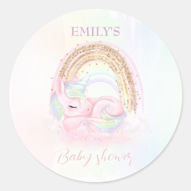 Unicorn Baby Shower Pastel Rainbow Classic Round Sticker (Front)