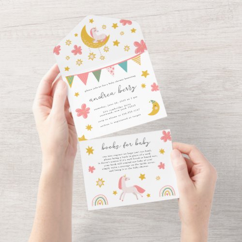 Unicorn Baby Shower Pink and Gold All In One Invitation