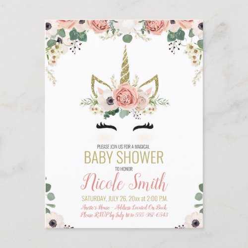 Unicorn Baby Shower Pink Gold Floral Watercolor Invitation Postcard