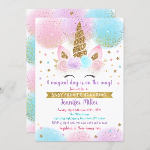 Unicorn Baby Shower Pink Gold Rainbow Invitation