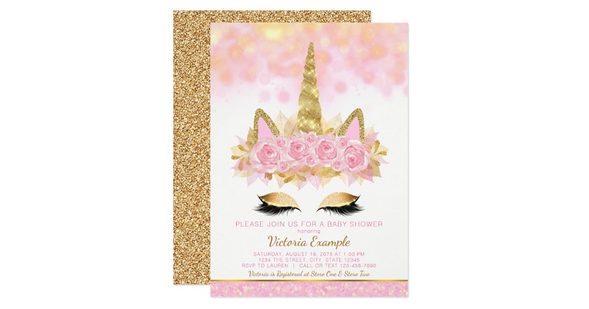 Unicorn Baby Shower Pink Gold Unicorn Face Invitation Zazzle Com