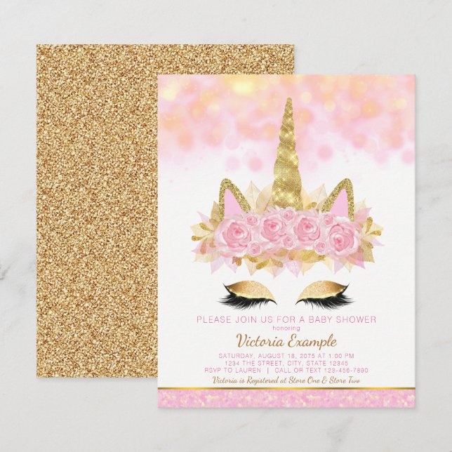 Unicorn Baby Shower Pink Gold Unicorn Face Invitation (Front/Back)